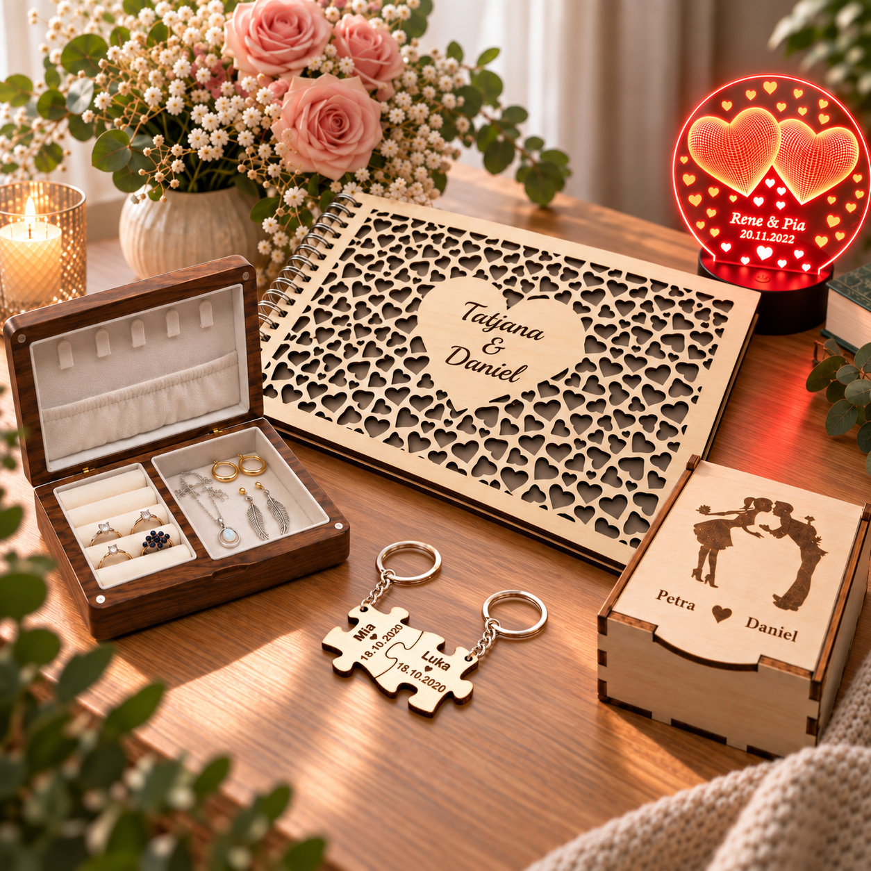 Personalized gift ideas for girlfriend including jewelry box, LED lamp, photo album and keepsake gifts