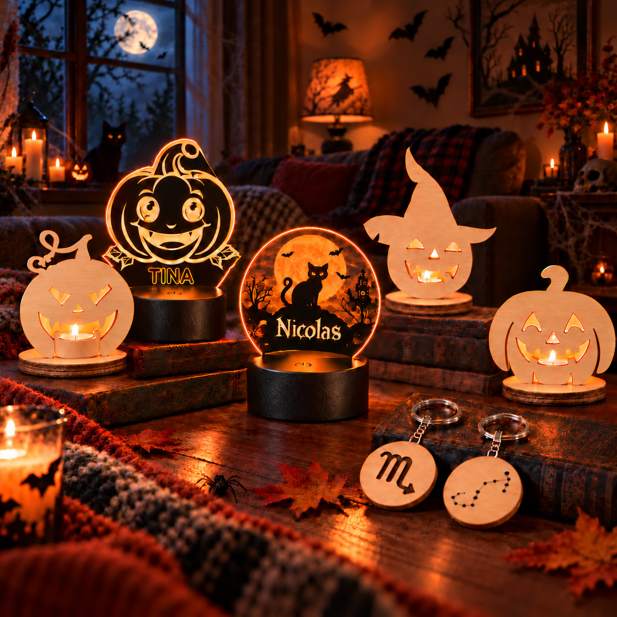 Halloween gift ideas for kids friends and family including pumpkin lamps, candle holders and personalized gifts