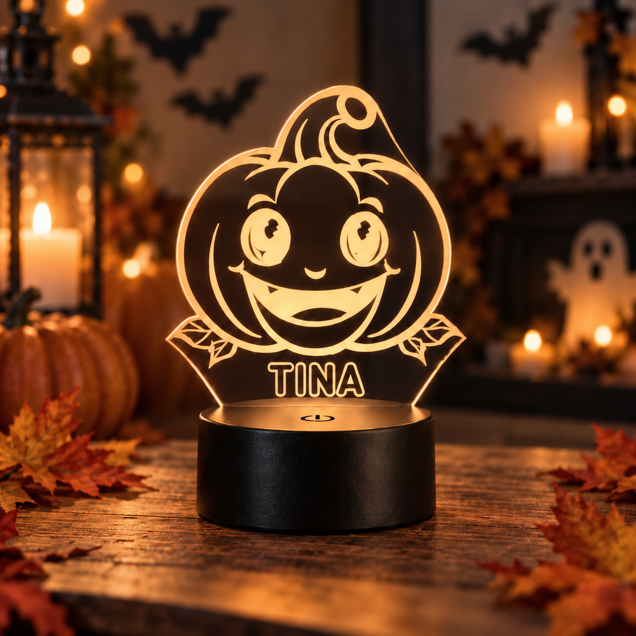 Personalized Halloween pumpkin LED lamp with custom name – Halloween gift for kids