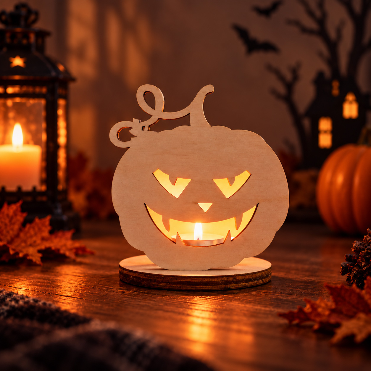 Scary wooden pumpkin candle holder – spooky Halloween gift and decoration