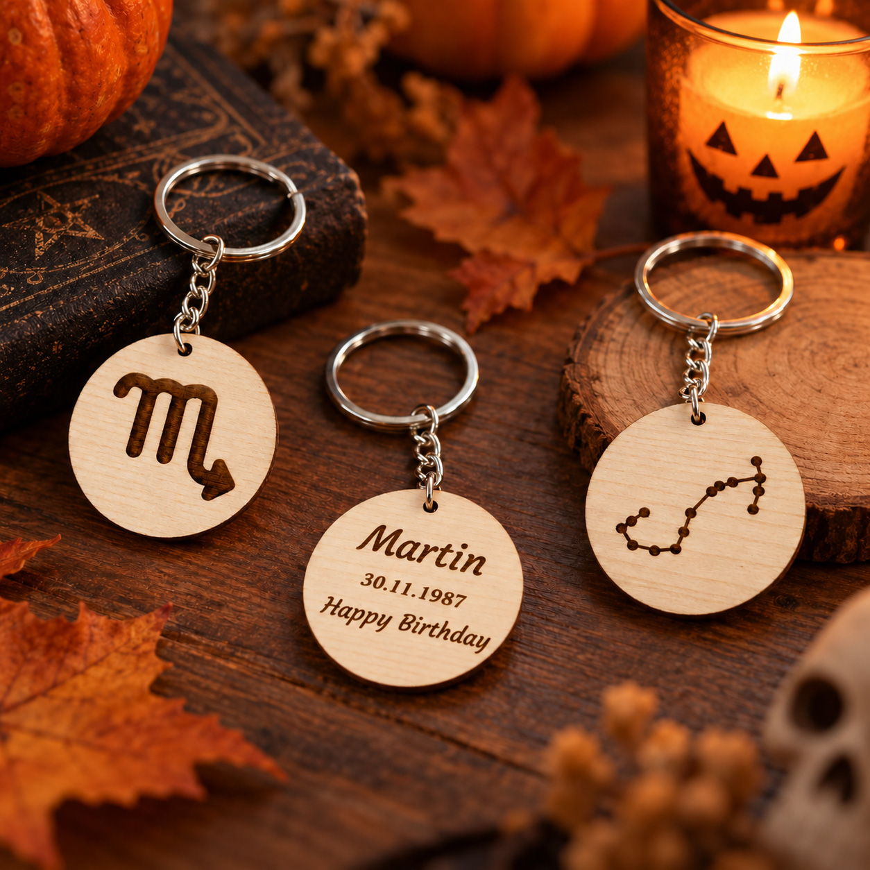 Personalized Scorpio zodiac keychain with custom engraving – Halloween season birthday gift