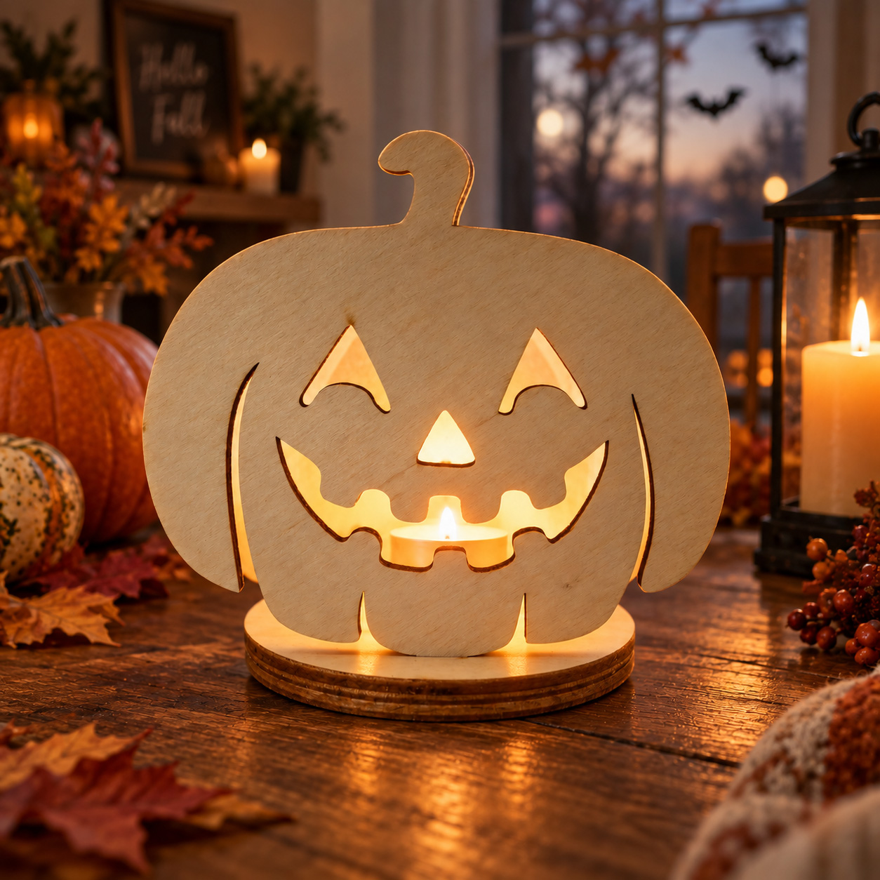 Smiling wooden pumpkin candle holder – friendly Halloween gift for kids and families