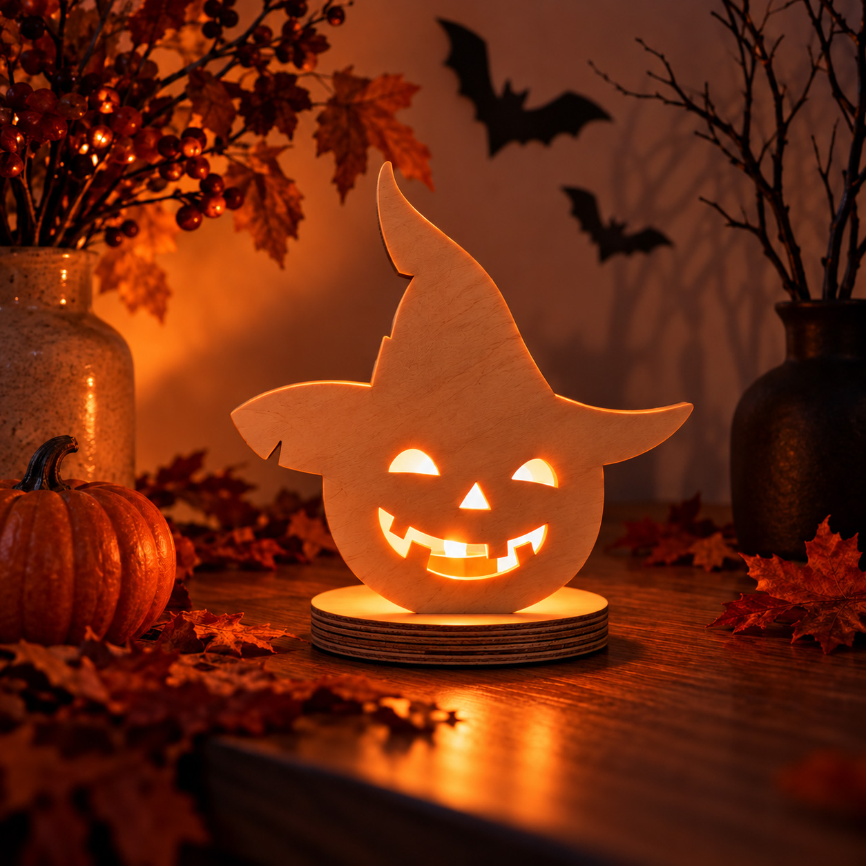 Wooden pumpkin candle holder with witch hat – fun Halloween gift and seasonal decoration