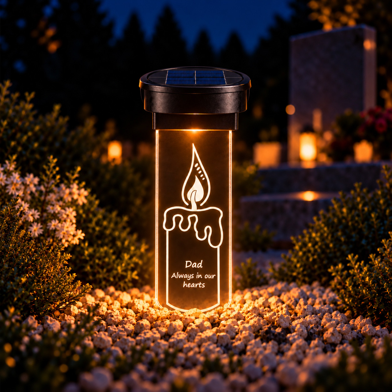 Personalized solar grave candle with ground stake
