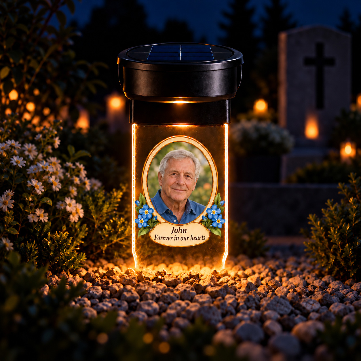 Personalized photo solar grave candle with ground stake