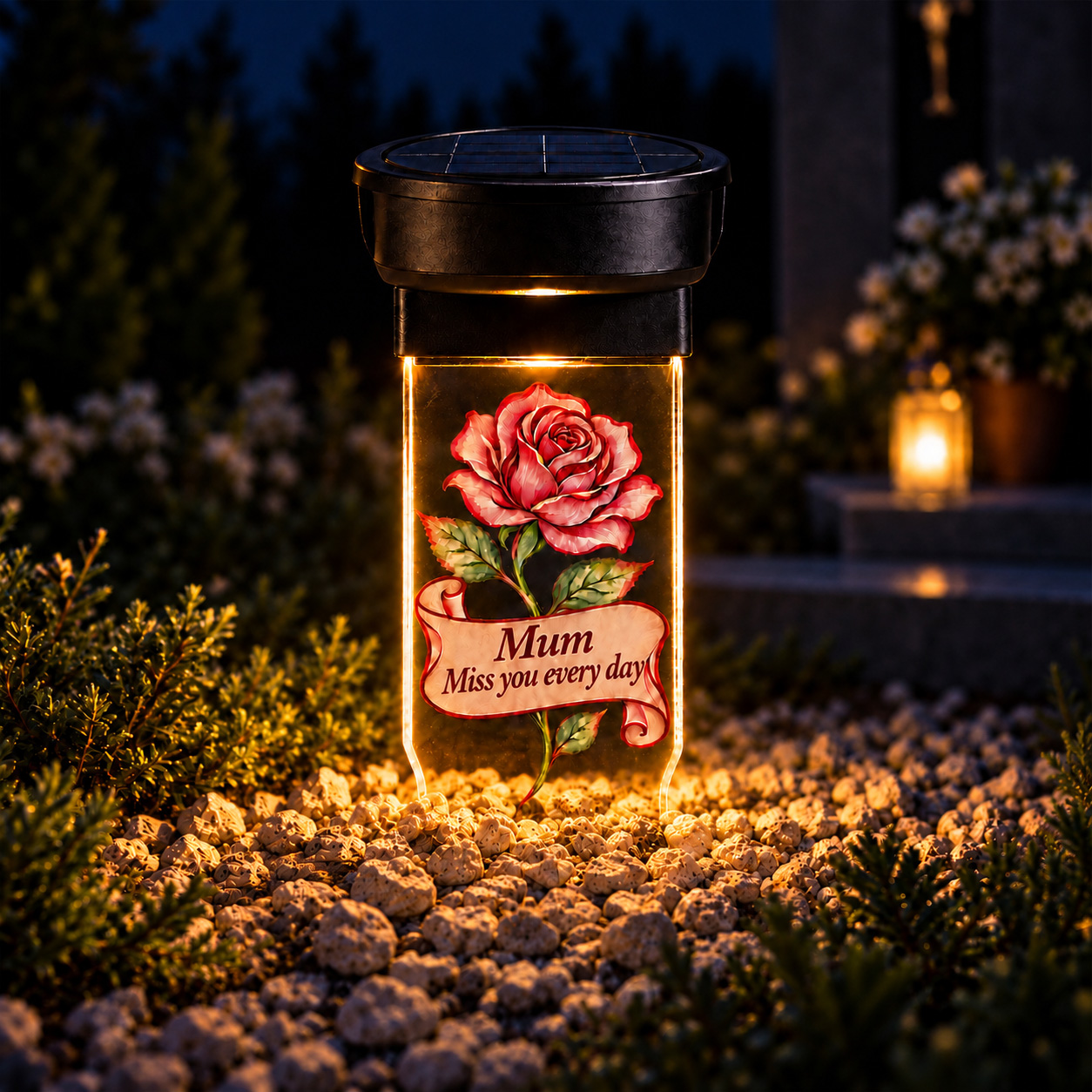 Personalized rose solar grave candle with ground stake