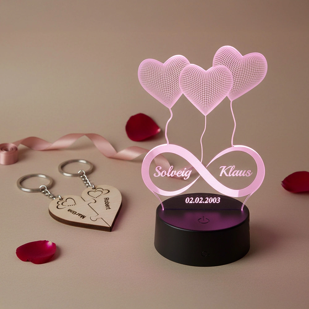 Personalized Valentine’s Day gifts for couples – custom night lights, keychains, photo albums and keepsake boxes