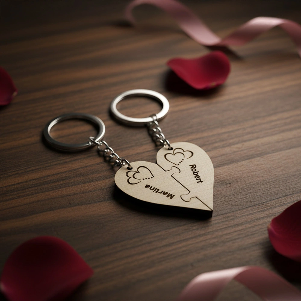 Personalized heart puzzle keychain set engraved with two names – matching Valentine’s gift for couples