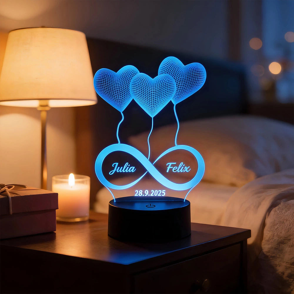 Personalized infinity heart LED night light with names and date – romantic Valentine’s gift for couples