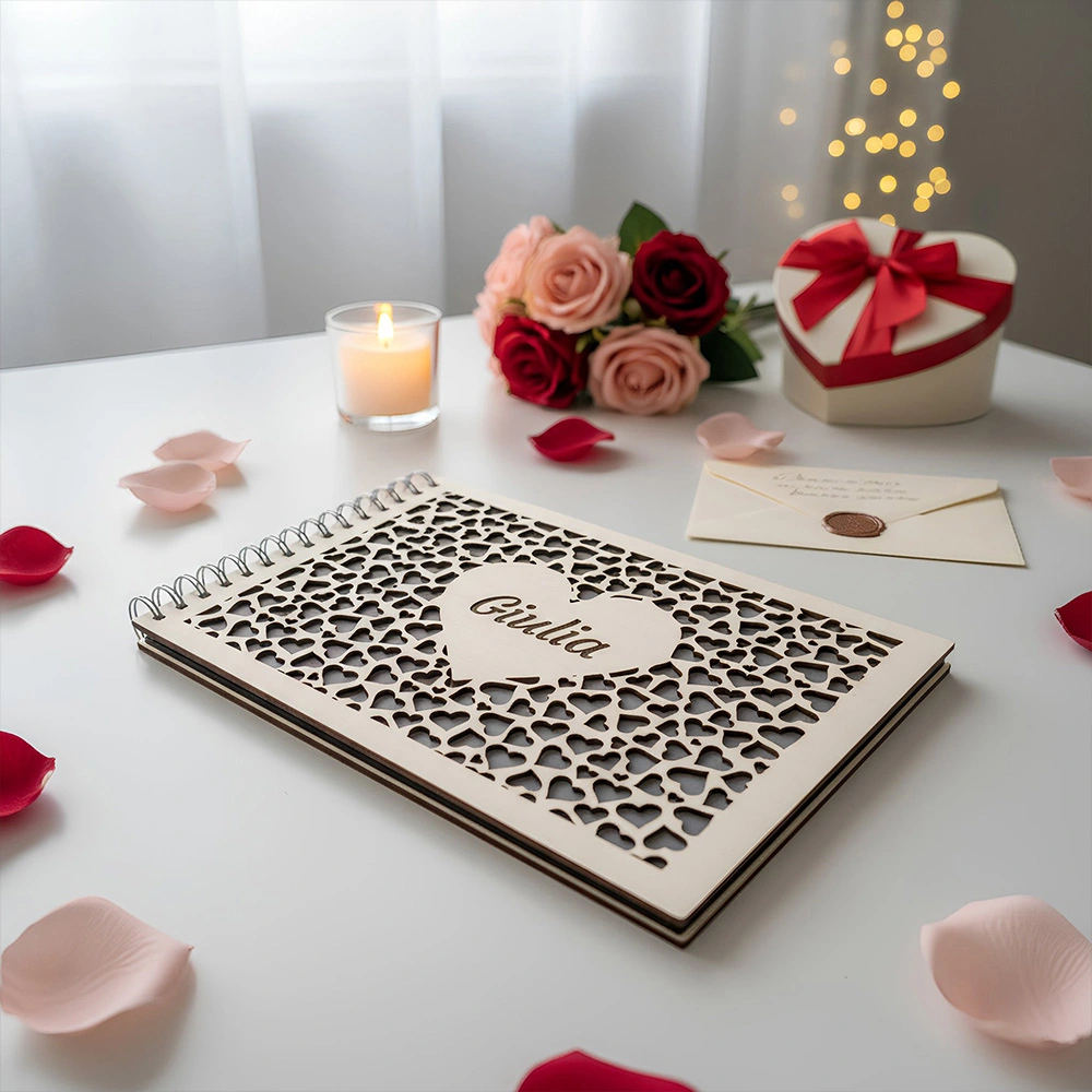 Personalized wooden photo album with heart cutout and engraved names – romantic Valentine’s Day gift
