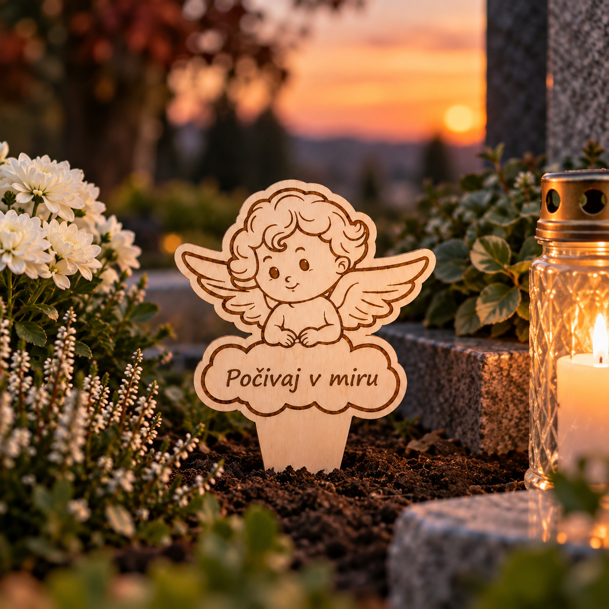 Personalized wooden angel grave marker with ground stake