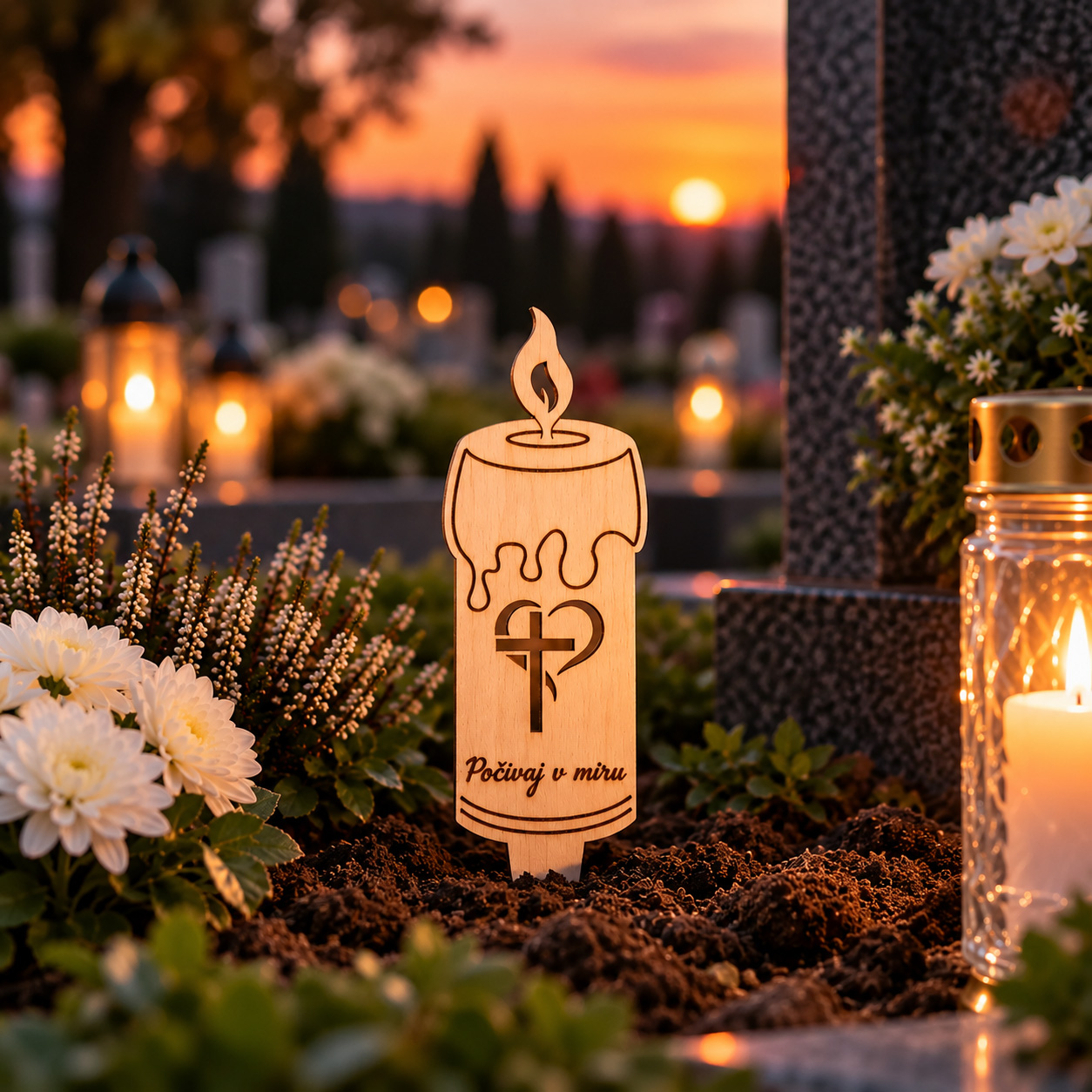 Wooden grave candle with cross and heart custom engraved ground stake