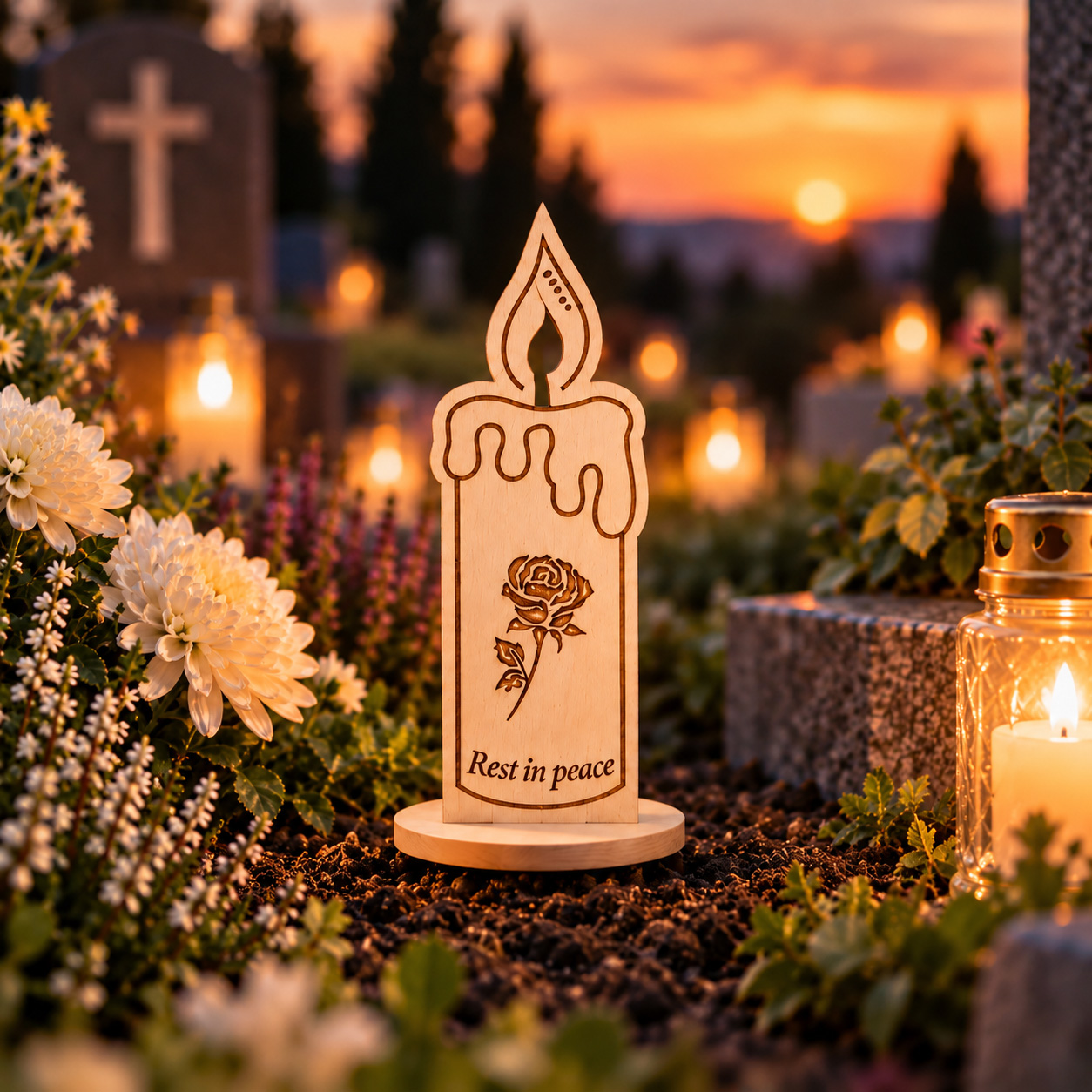 Personalized wooden grave candle with stand and custom design